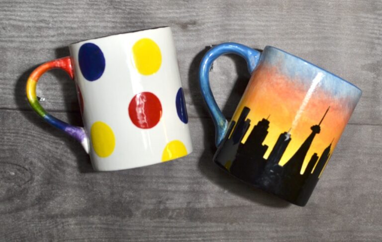 Polka dots and city sunset mugs