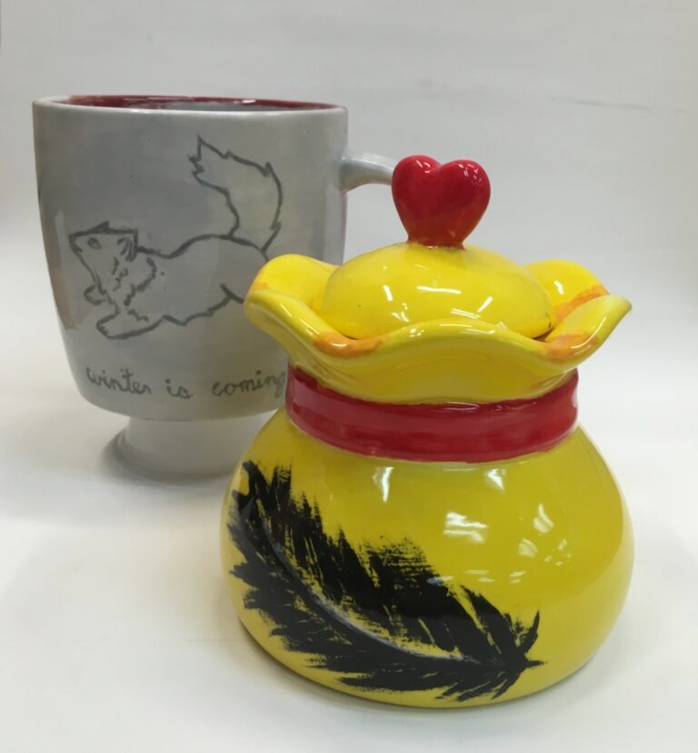Cat mug and yellow jar